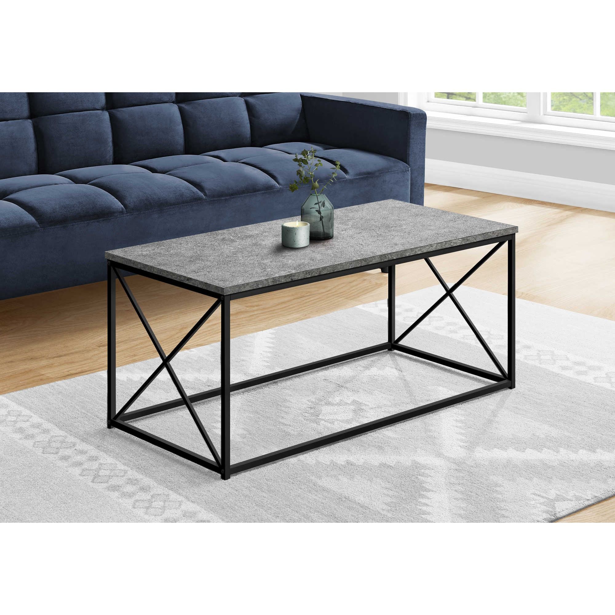 Vetra grey stone coffee table by Monarch Specialties with sleek modern design and sturdy wooden legs.