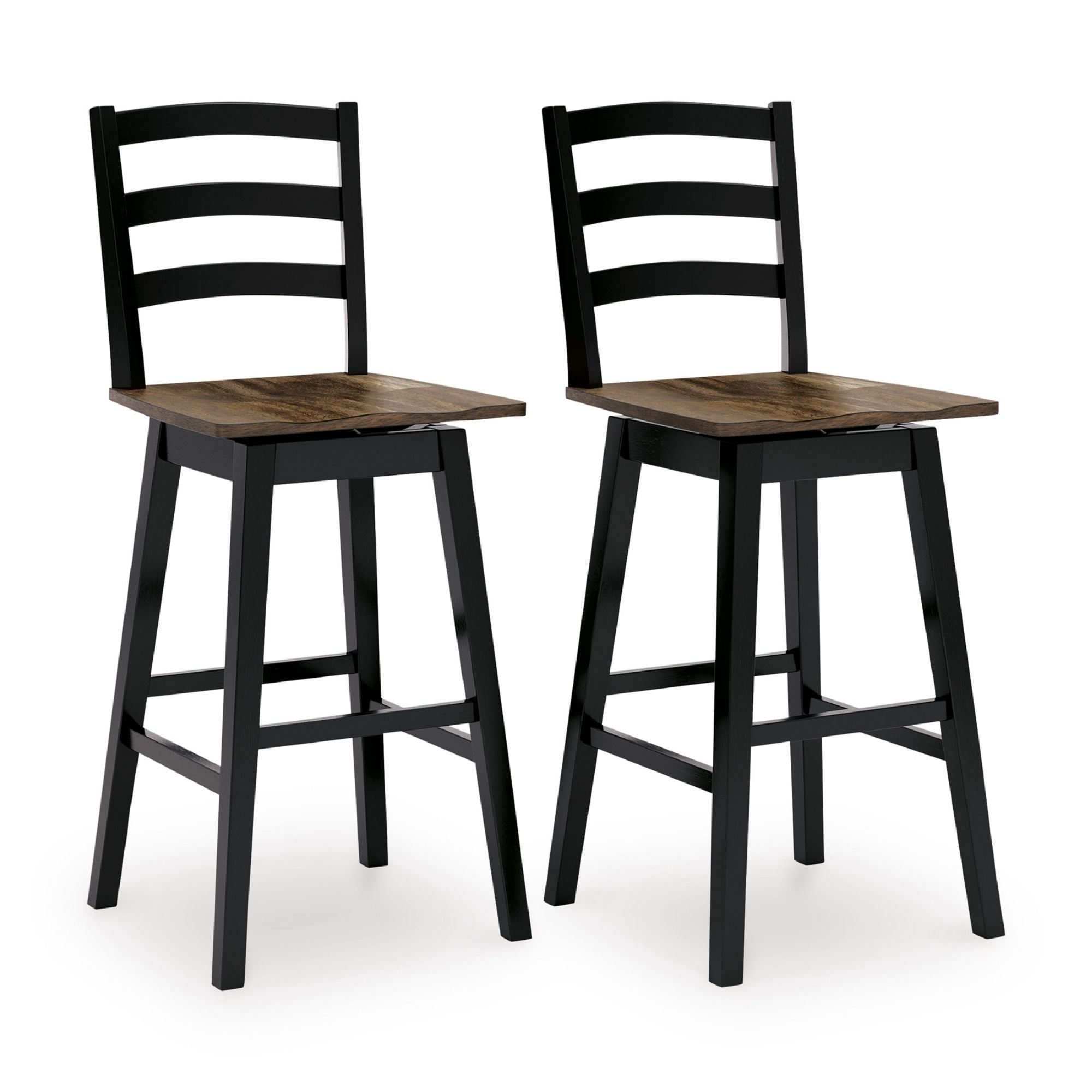 Two Wildenauer swivel barstools from Signature Ashley with dark wood finish and cushioned seats, shown in a dining room setting.