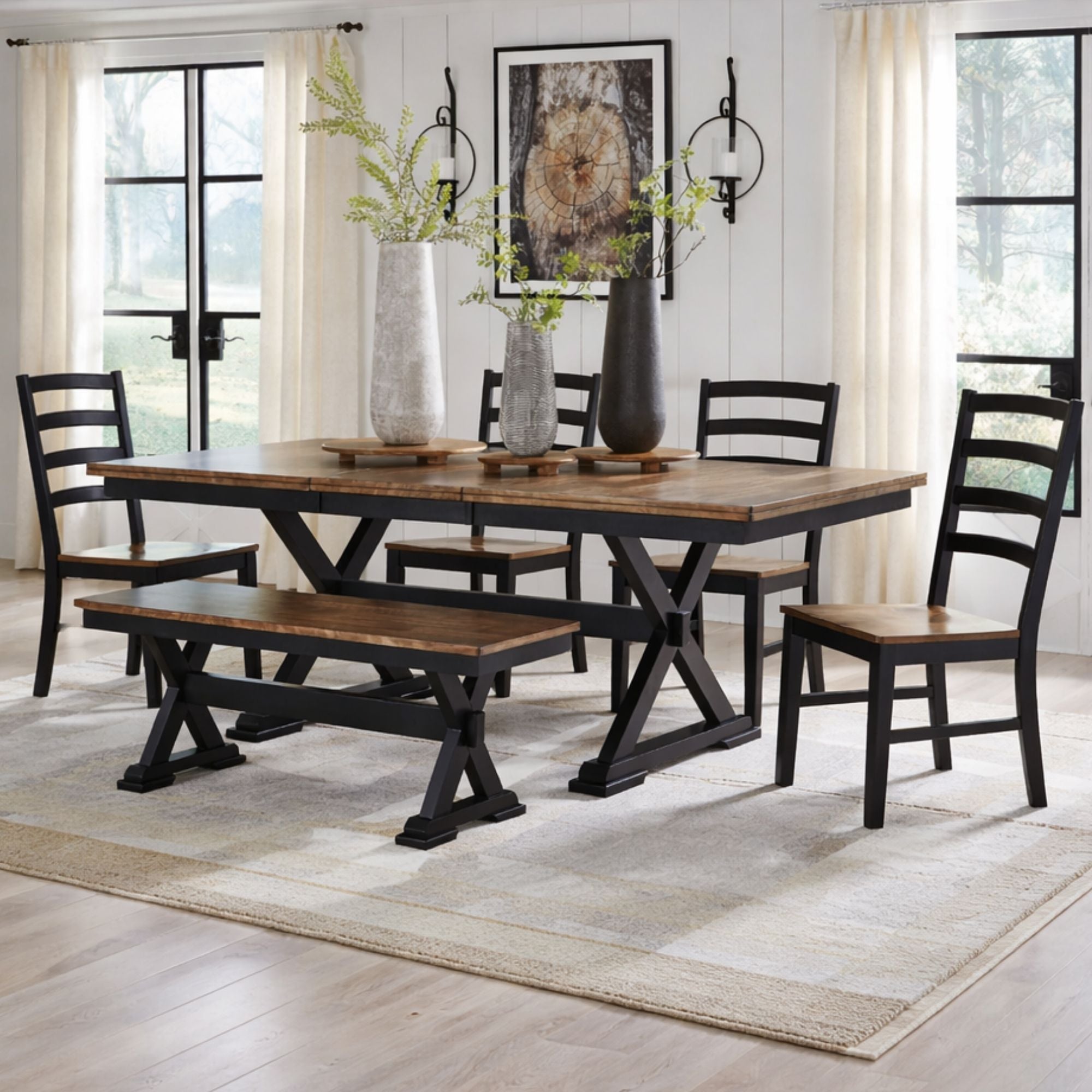 Ashley Wildenauer dining room set with a table, chairs, and matching bench, showcasing elegant wood finish and classic design.