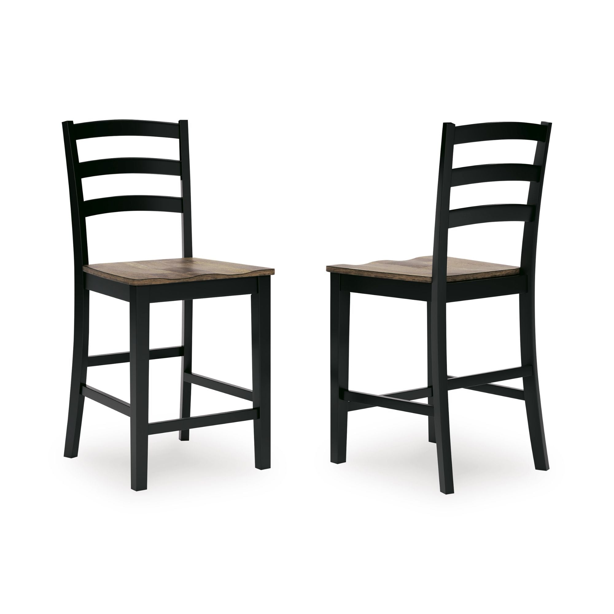 Two Signature Ashley Wildenauer bar stools with wooden legs and upholstered seats, ideal for dining or bar areas.
