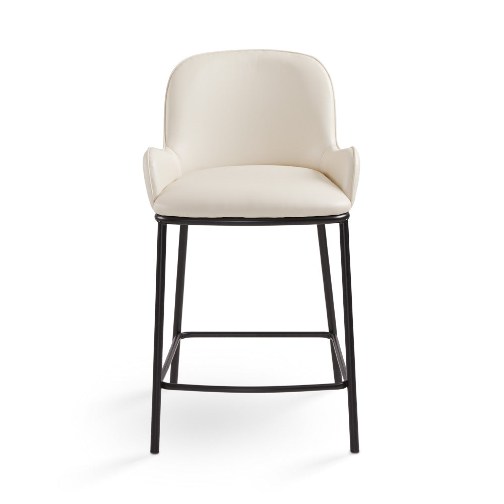 Xcella Bennett taupe leatherette counter stool with padded seat and backrest, modern bar stool design, front view.