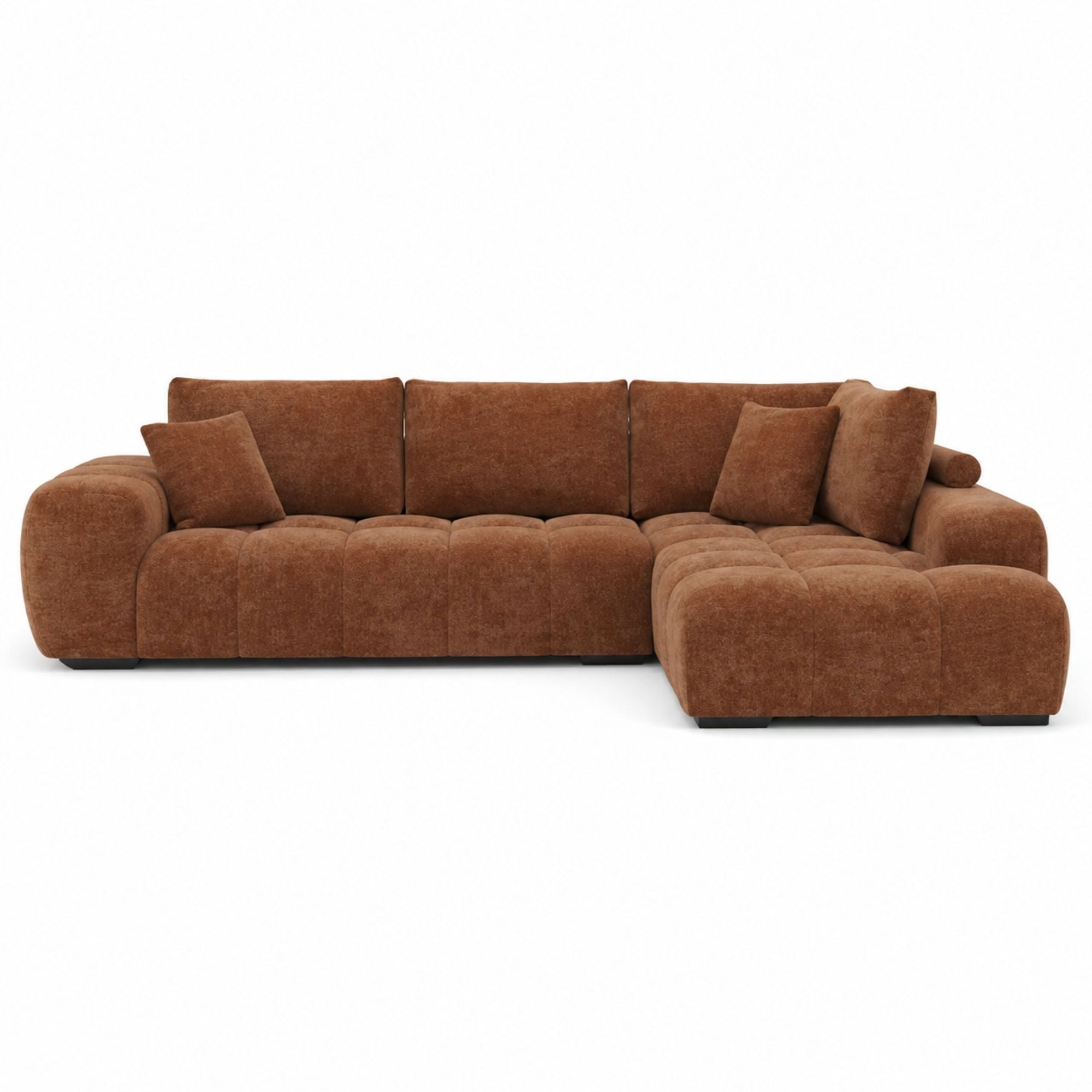 Brassex Zara sectional sofa in rust fabric, showing the plush corner seating and modern design for a contemporary living room.