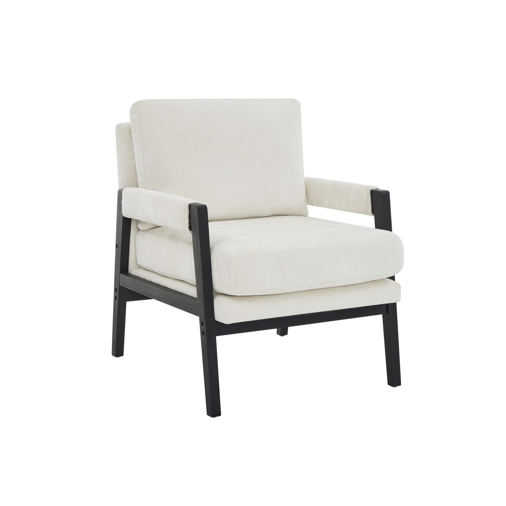 Brassex beige fabric accent arm chair with wooden legs, modern design, comfortable seating for living room or office.