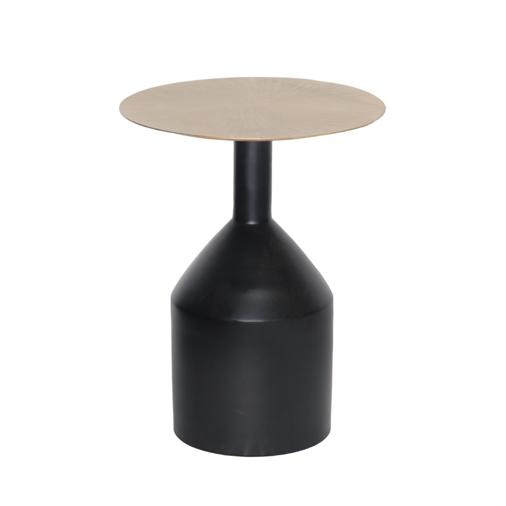 Brassex black and gold metal accent table with a sleek round top and slender legs for modern home decor.