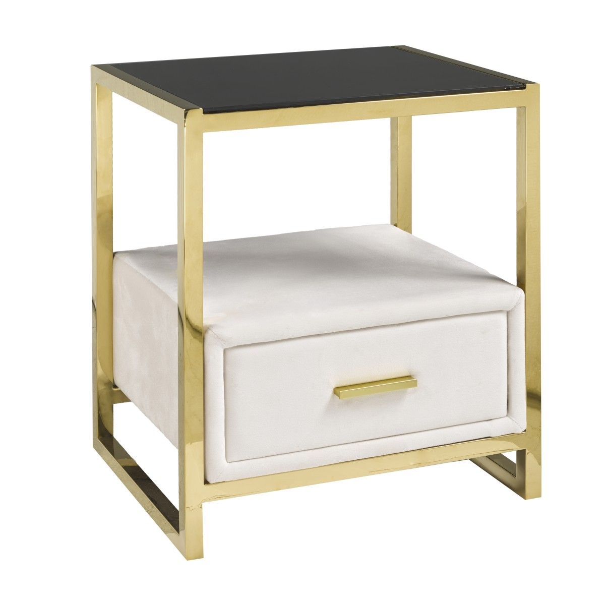 Brassex Piper night stand in cream and gold with a sleek modern design, featuring a single drawer and open shelf.