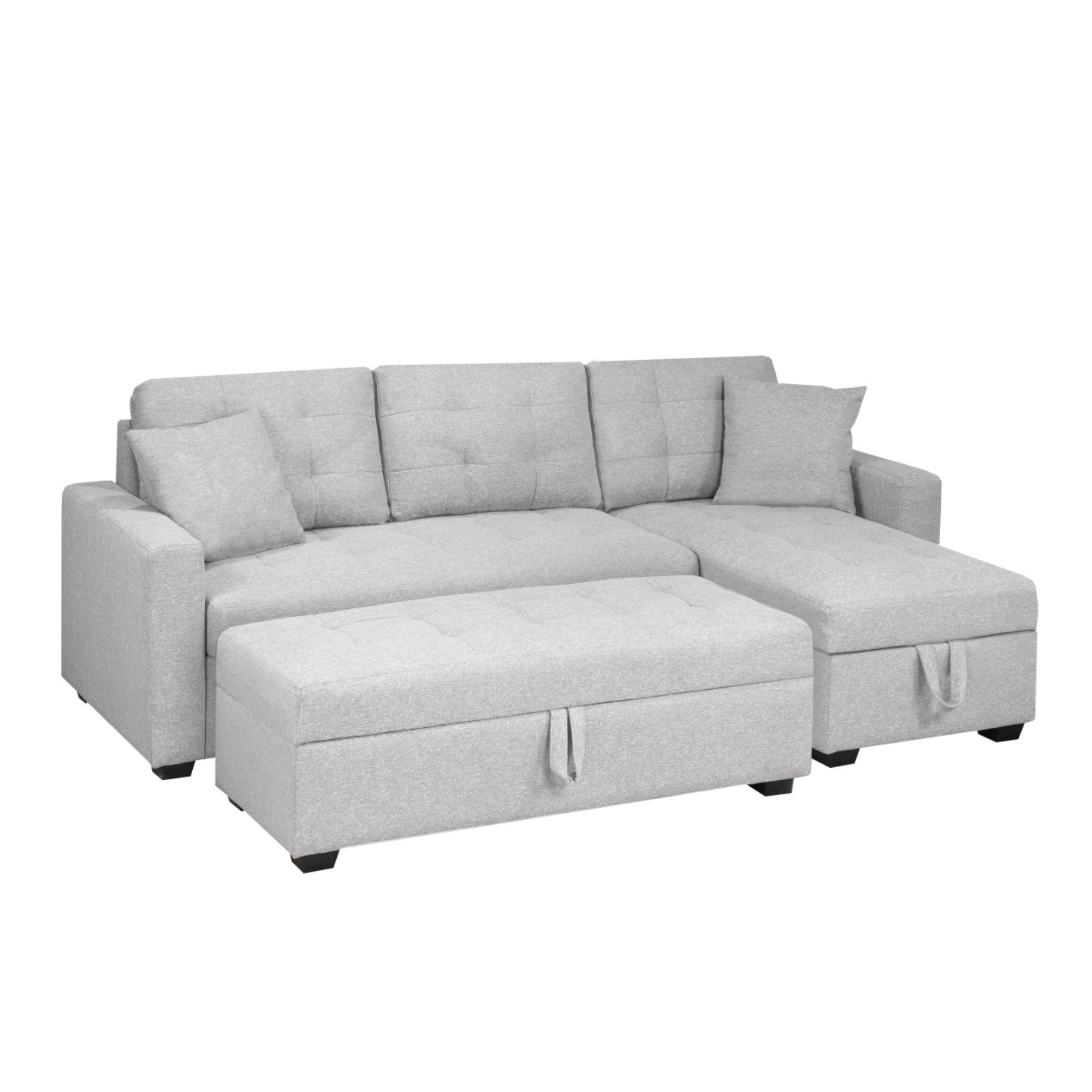 Brassex light grey sectional sleeper with storage and ottoman, modern design, fabric upholstery, perfect for living room seating and sleeping