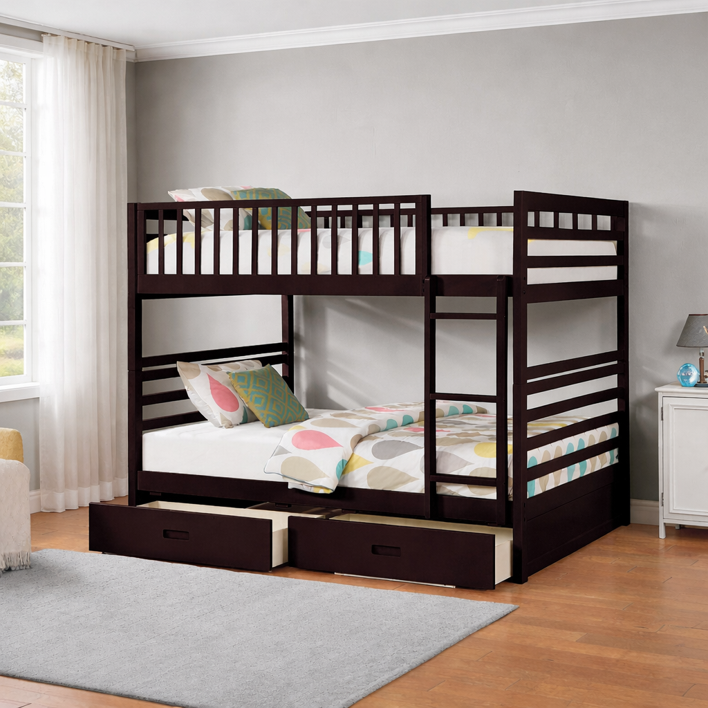 Espresso IFF Summit Collection double over double bunk bed with sturdy wooden frame and safety rails, ideal for kids' bedroom.