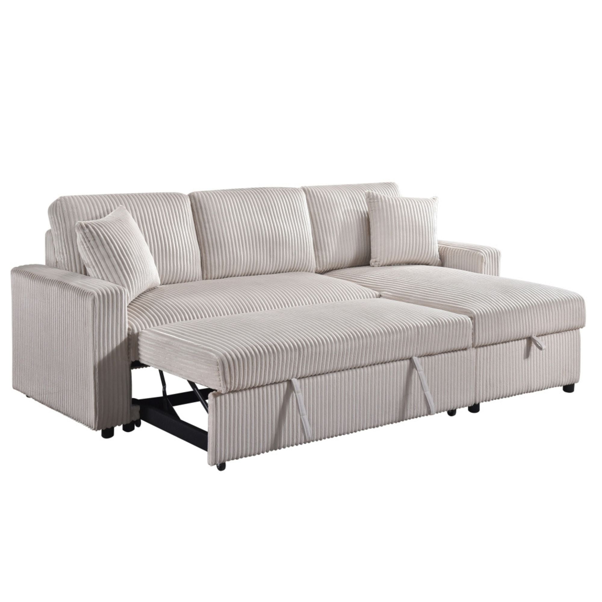 CastleUpData Brecker 2-piece reversible sectional sleeper in beige, showing the fabric upholstery and convertible design.