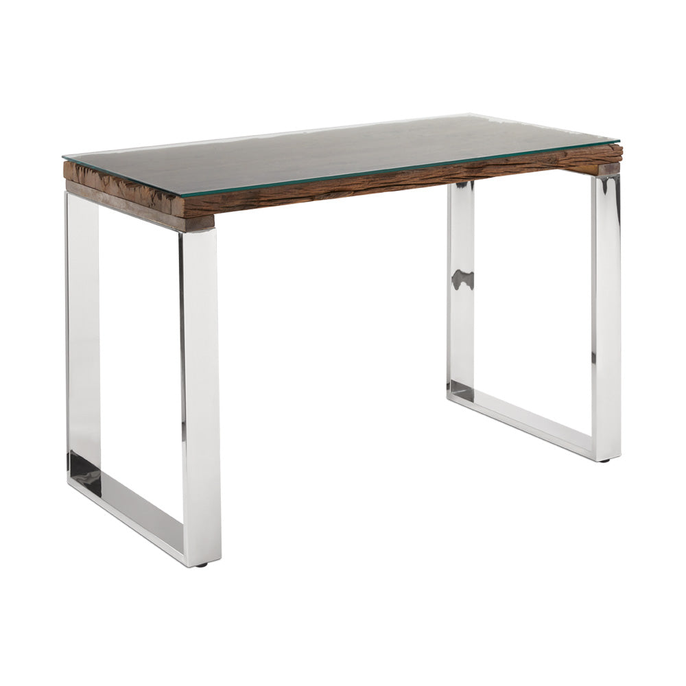 Ella + Ross Pheobe Desk with wood frame and glass top, showing a modern desk design with clean lines and a spacious workspace.
