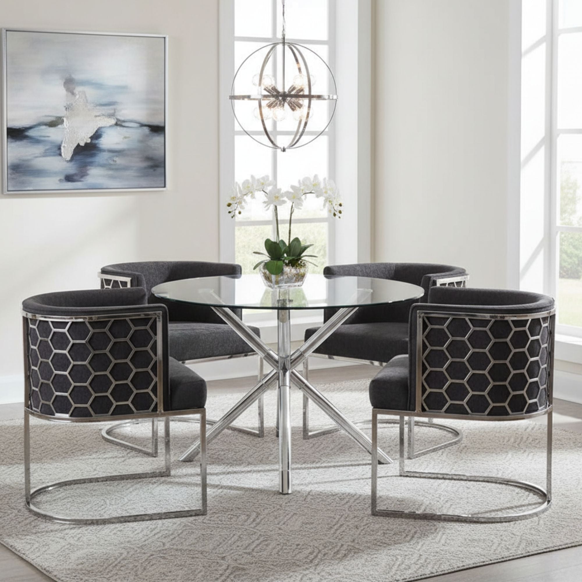 Adonis 5PC Dining Set in Sliver/ Charcoal Fabric | CastleUp Experience Centre