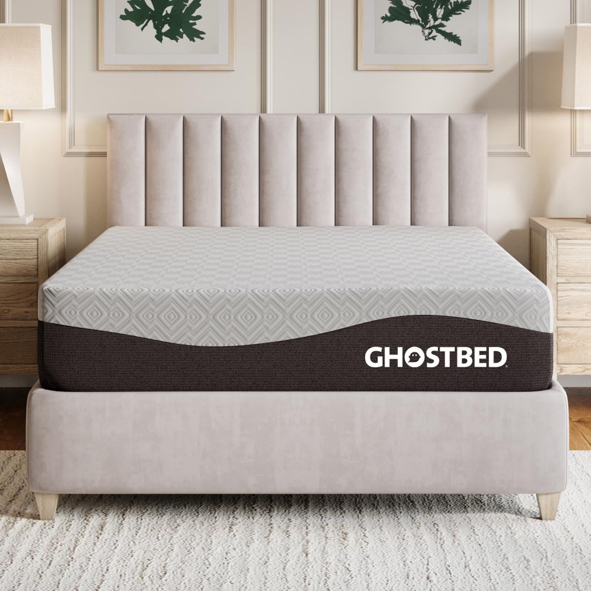 GhostBed Aurora 12-inch foam medium firm mattress showing plush surface and supportive structure in a bedroom setting.