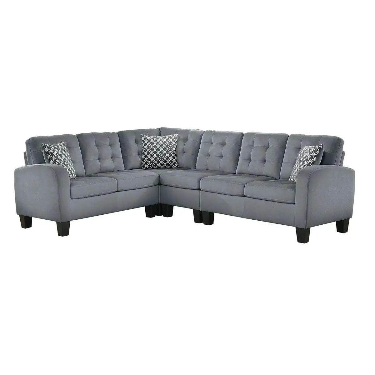 MAZ Sinclair reversible sectional sofa in gray fabric with plush cushions and modern design, shown from a side angle.