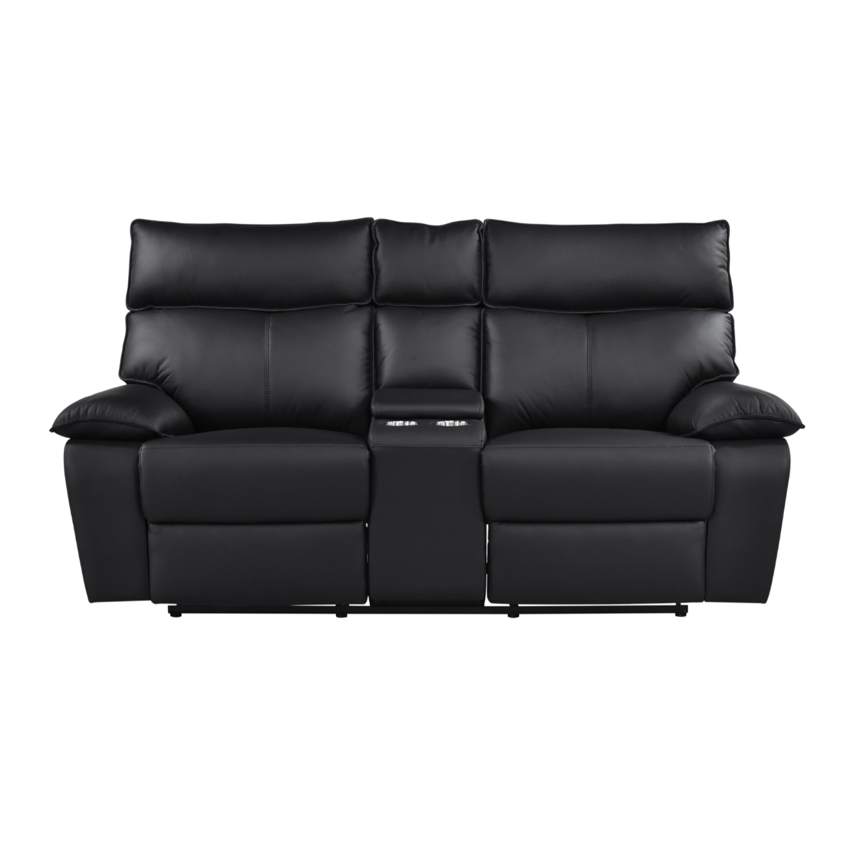 Black MAZ Kandra Collection leather reclining loveseat, showing plush upholstery and reclining mechanism in a modern living room setting.