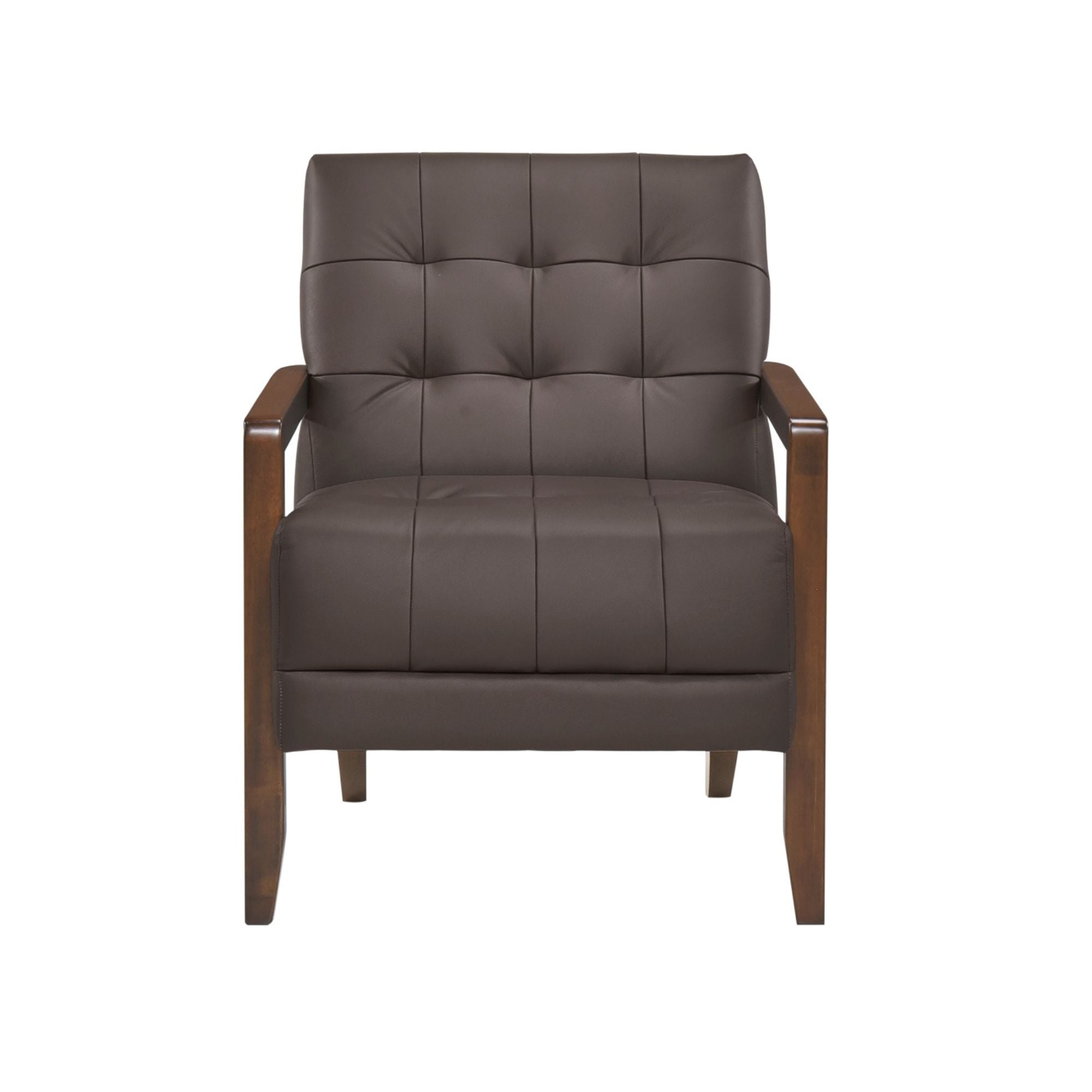 Brown Crafton leather accent chair by MAZ with padded seat and backrest, modern design, and wooden legs.