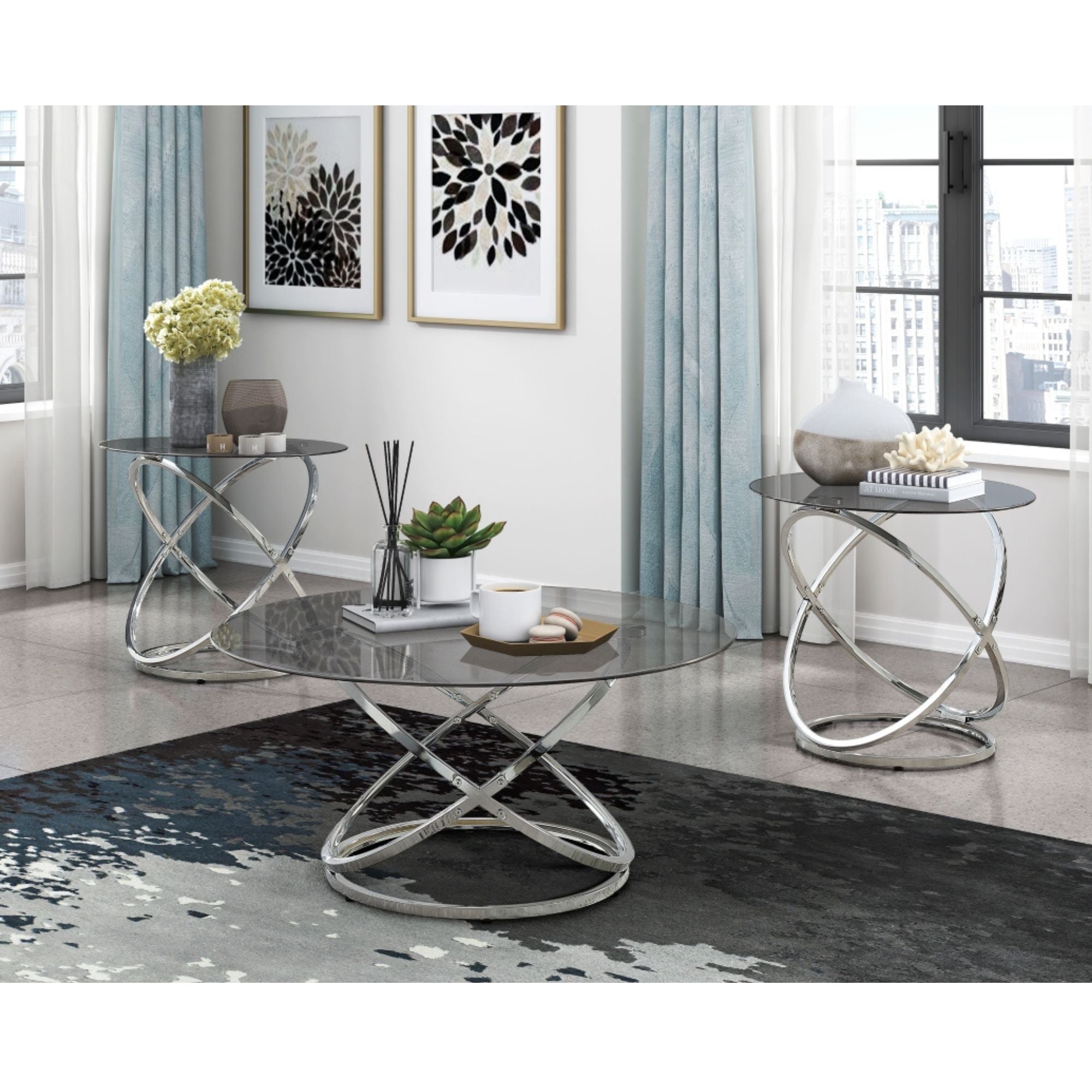 Maz MAZ Marion 3-piece coffee table set with black glass tops, includes a central table and two end tables, modern living room furniture