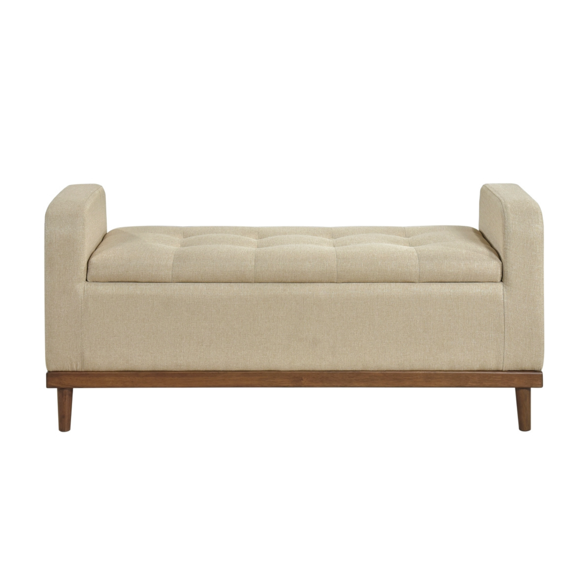 MAZ Brigitte beige lift-top storage ottoman with fabric upholstery and hidden storage compartment.