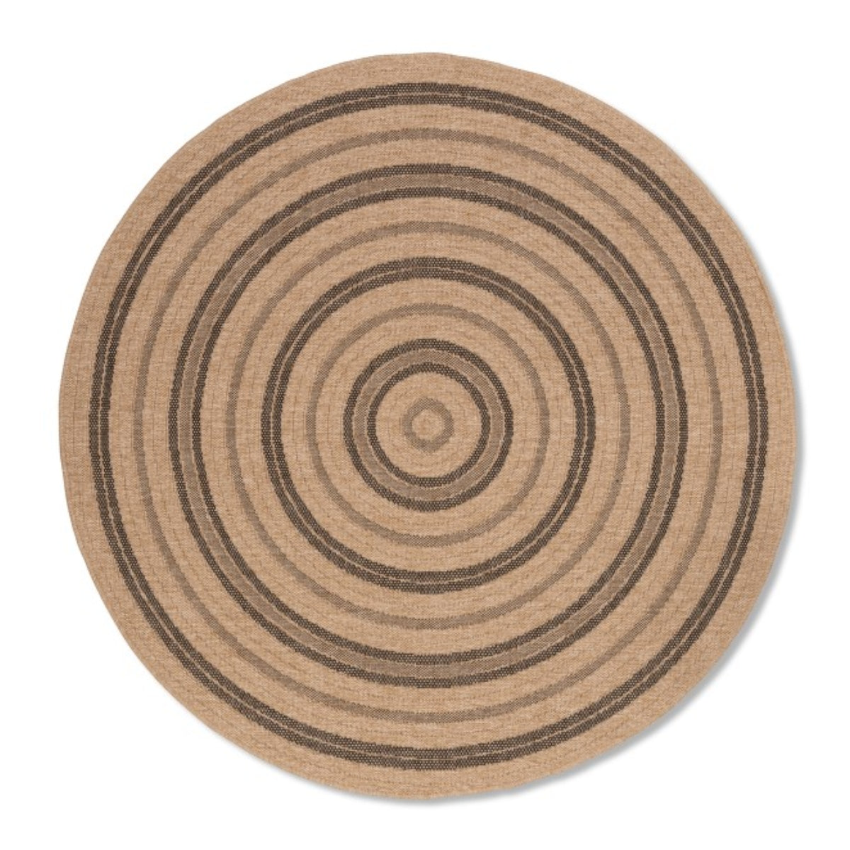 Black round indoor and outdoor rug by Viana Inc, featuring a stylish circular design for versatile home decor.