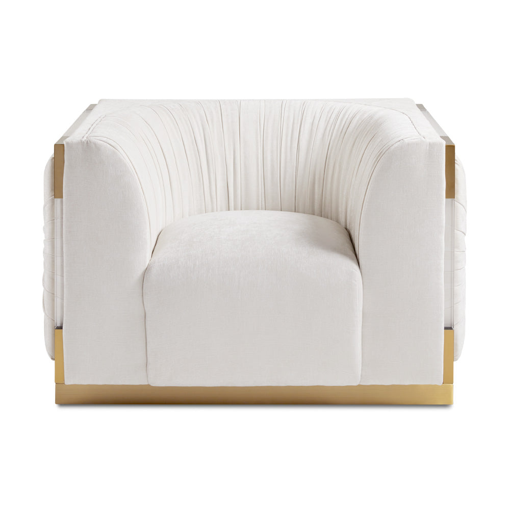 Xcella Paloma gold accent chair with ivory upholstery, showcasing elegant design and plush seating from the front view.