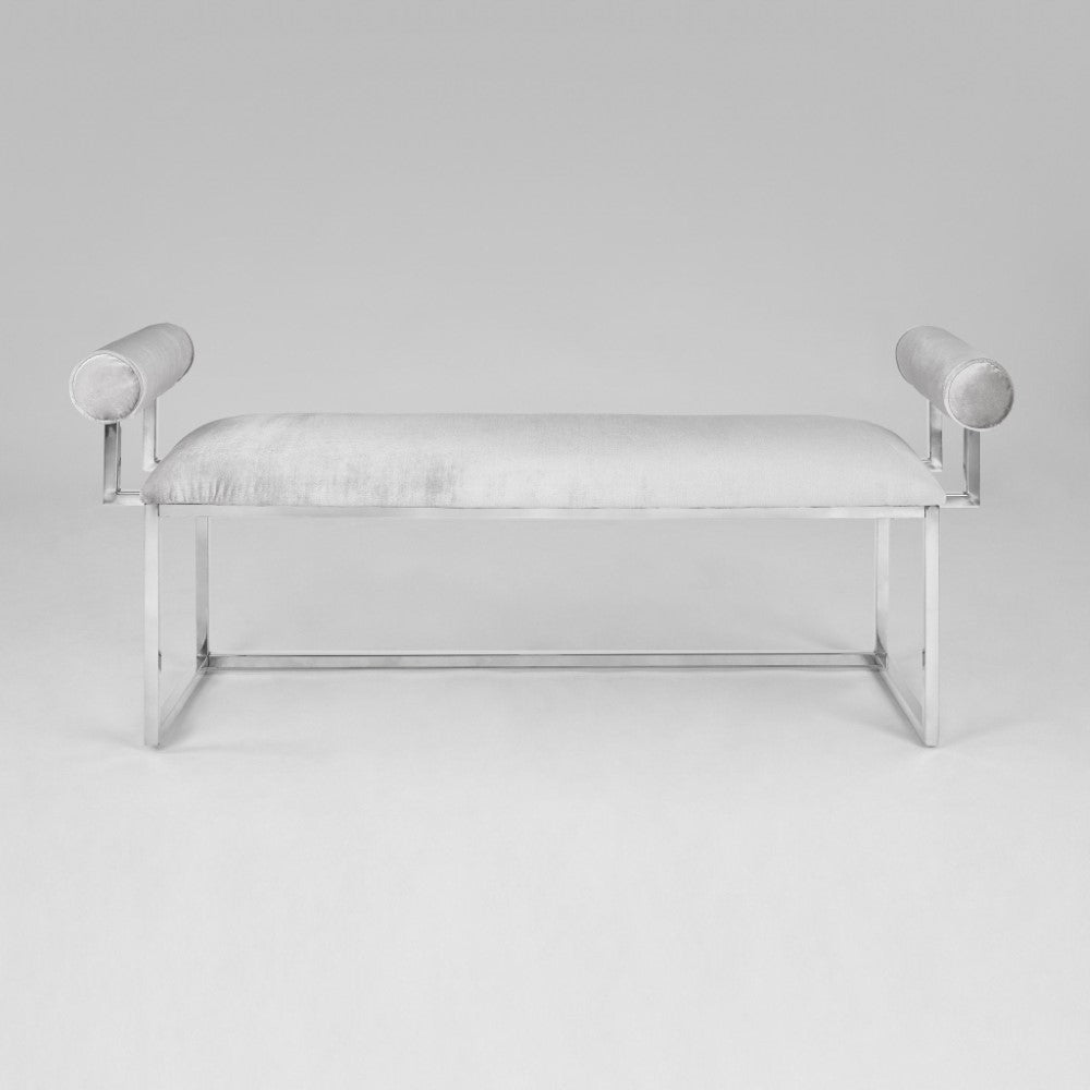 Silver satin Serena bench by Xcella with cushioned seat and sleek side design, perfect for entryways or living spaces.
