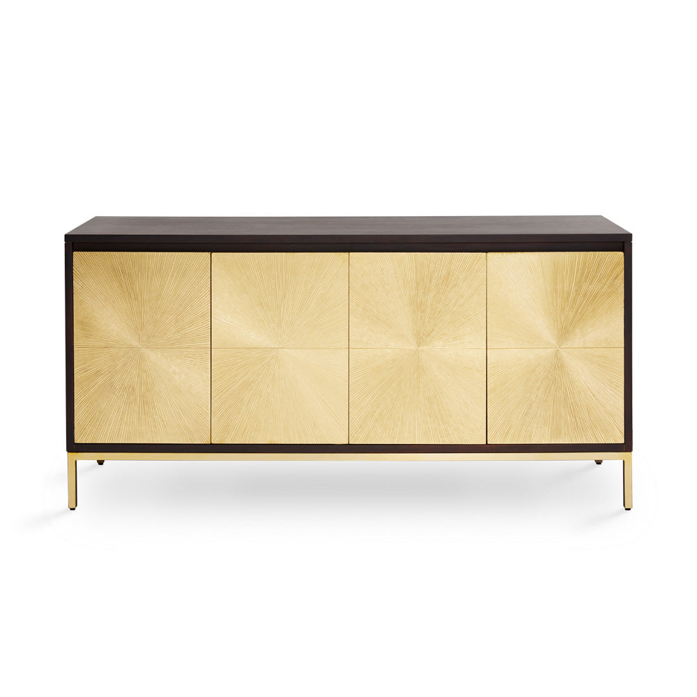 Xcella Embassy Gold server sideboard with sleek design and gold finish, featuring multiple storage compartments and modern style.
