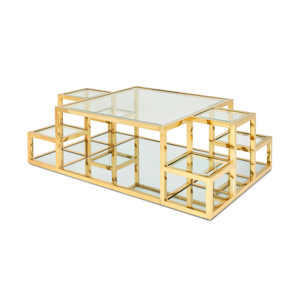 Xcella Elmore coffee table with a gold finish and sleek design, featuring a modern and stylish centerpiece for living rooms.