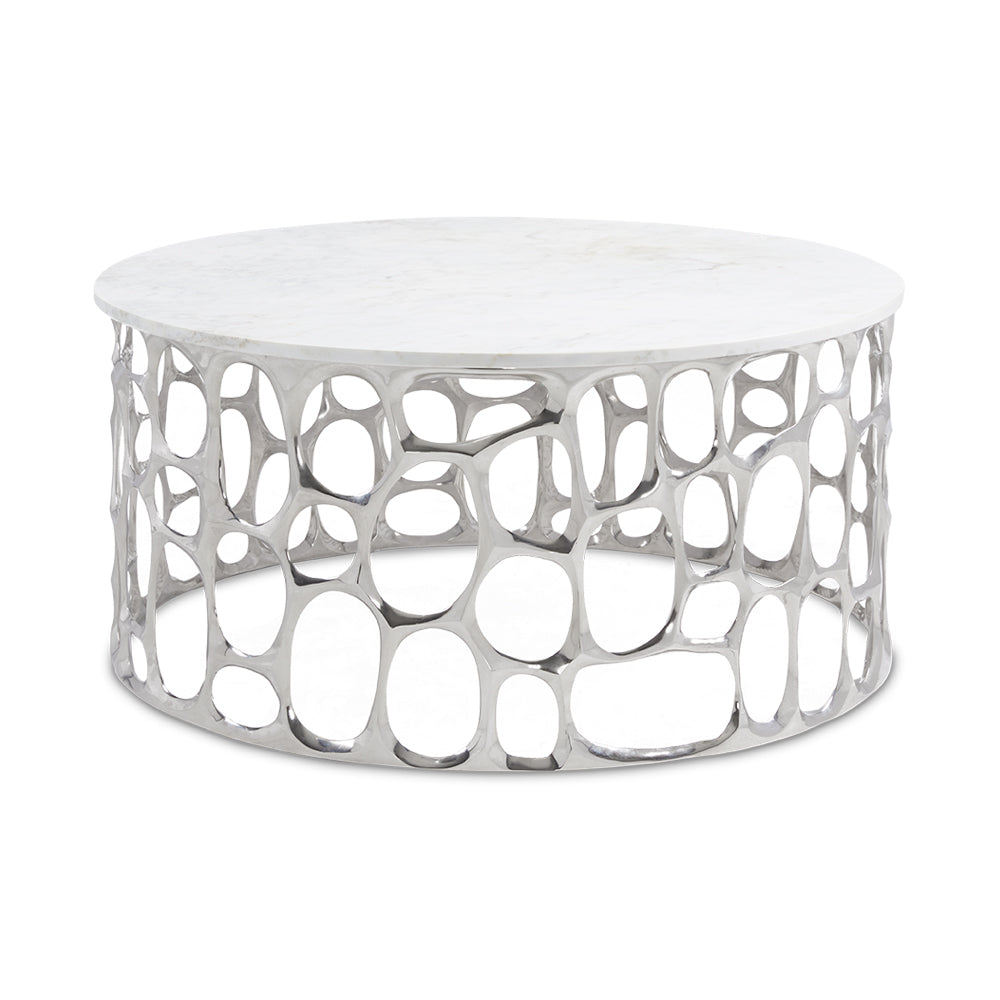 Xcella Mario marble coffee table with silver base, featuring a sleek rectangular design and smooth marble surface.