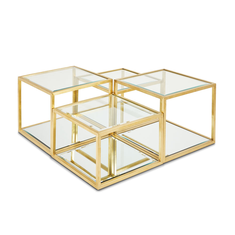 Xcella multi-level coffee table with a gold finish, featuring multiple tiers and a modern design for stylish living room decor