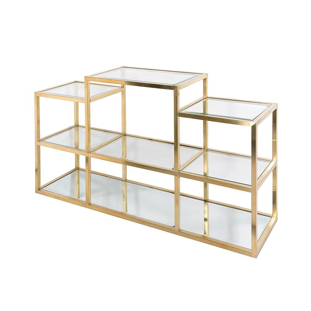 Xcella Geneva multi-level console table with sleek wooden surfaces and metal legs, ideal for entryways and living rooms.