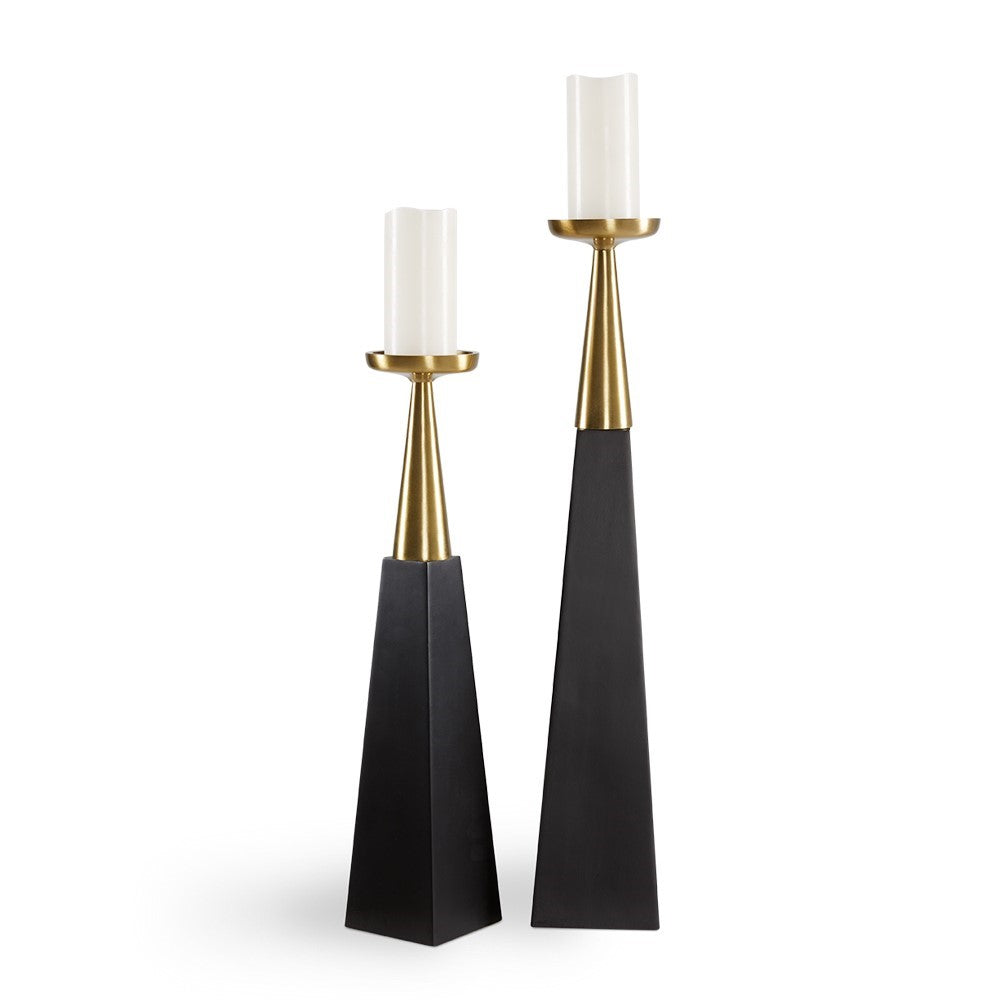 Set of two Xcella Mya pillar candle holders with elegant decor design on a neutral background.