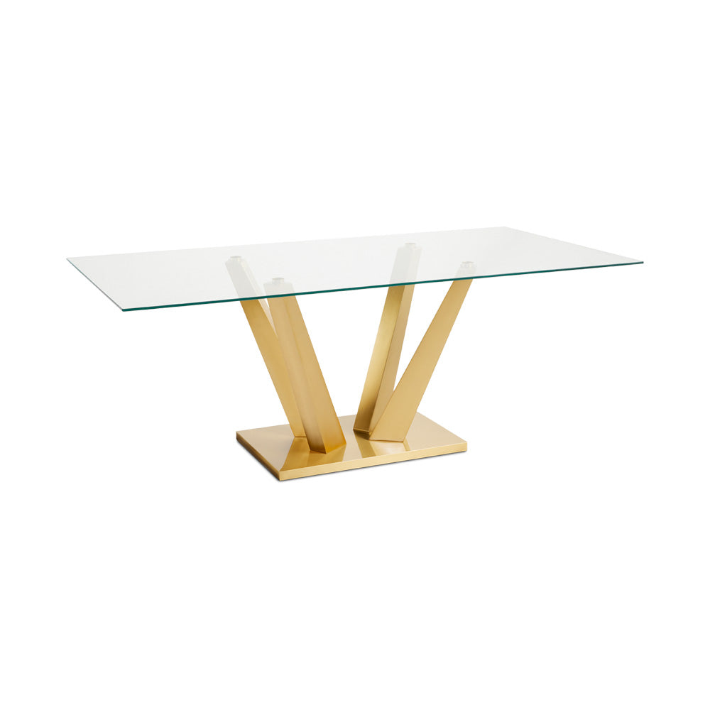Xcella Paolo 5-piece dining set with white glass tabletop and gold brushed finish, includes dining table and chairs.