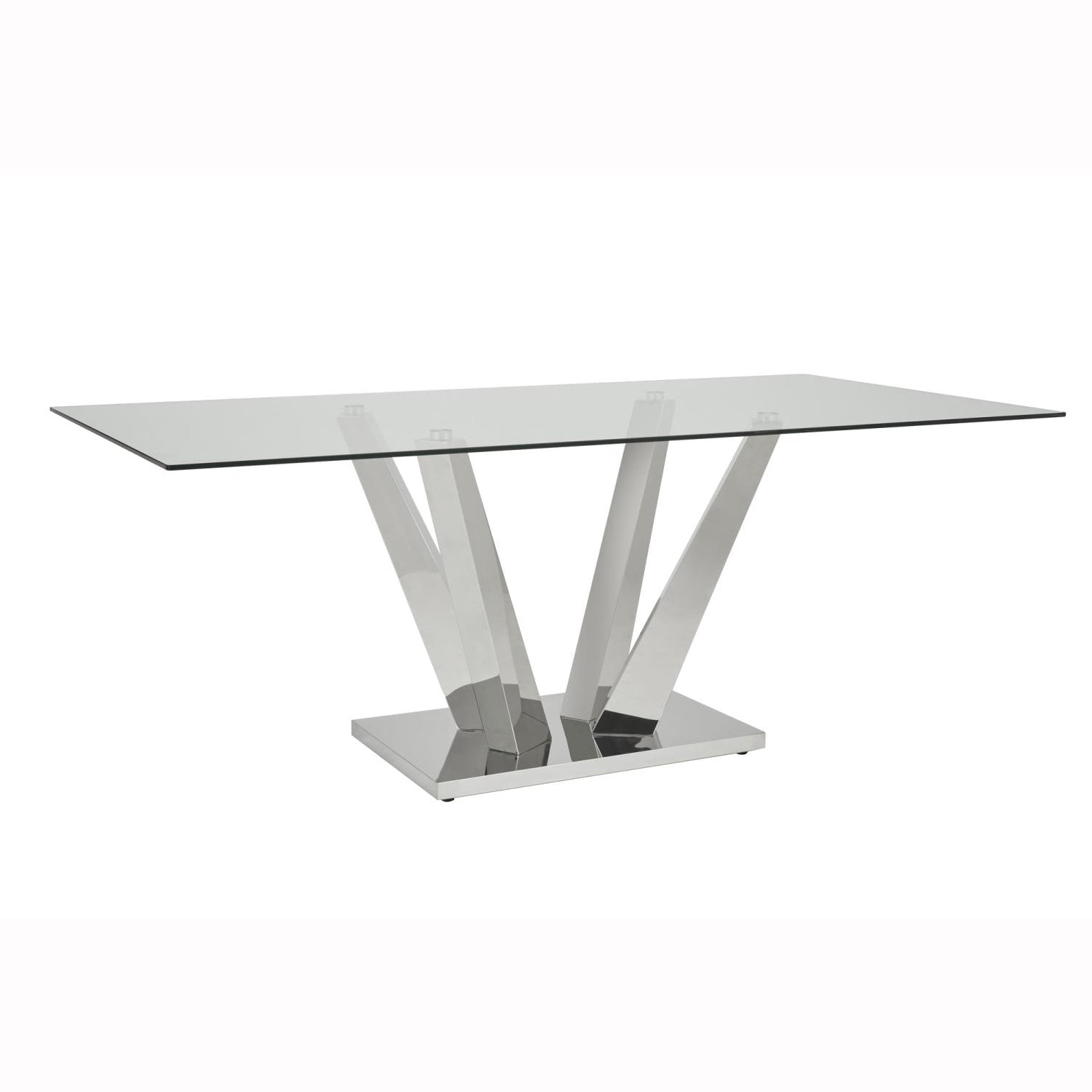 Xcella Paolo glass dining table, 79-inch modern dining table with clear glass top and sleek metal legs, ideal for contemporary dining rooms.