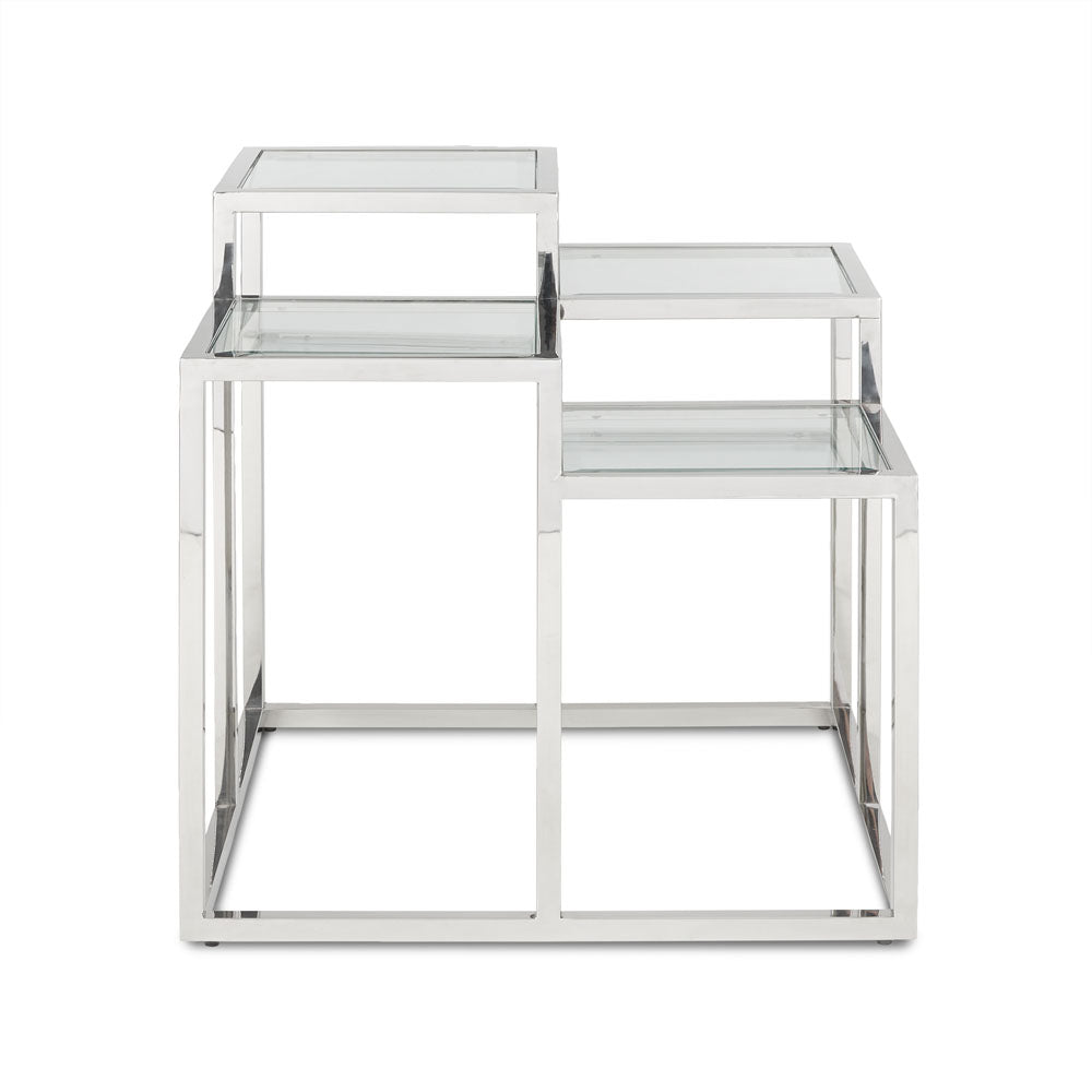 Xcella Elmore end table with a silver finish, showcasing a sleek design and smooth surface from a front view.