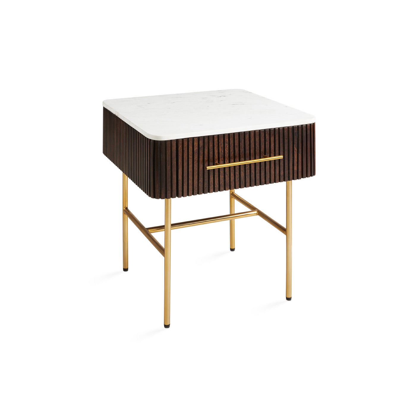 Xcella Serenity Side Table nightstand with marble top, featuring a modern design and sleek wooden legs for bedroom decor.