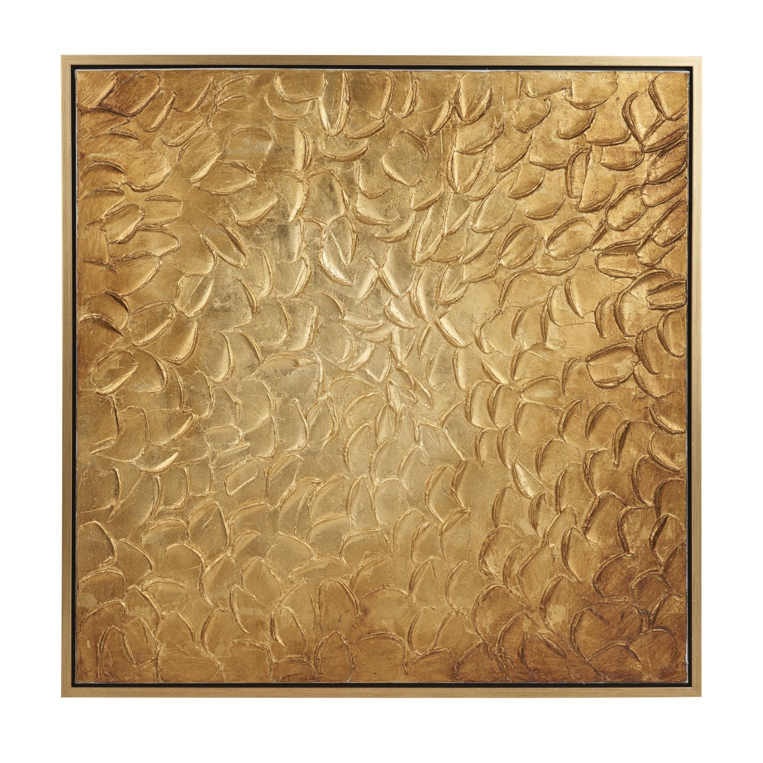 Gold Waves wall art poster by Xcella featuring abstract wave design in gold tones on paper background.