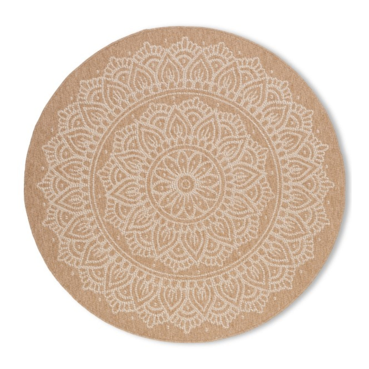 Xcella Avanos round indoor outdoor rug in white with a geometric pattern, perfect for versatile home or outdoor decor.