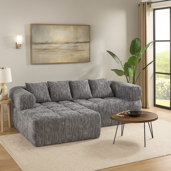 Brassex grey compression sectional sofa with modern design, featuring plush cushions and a spacious seating area.