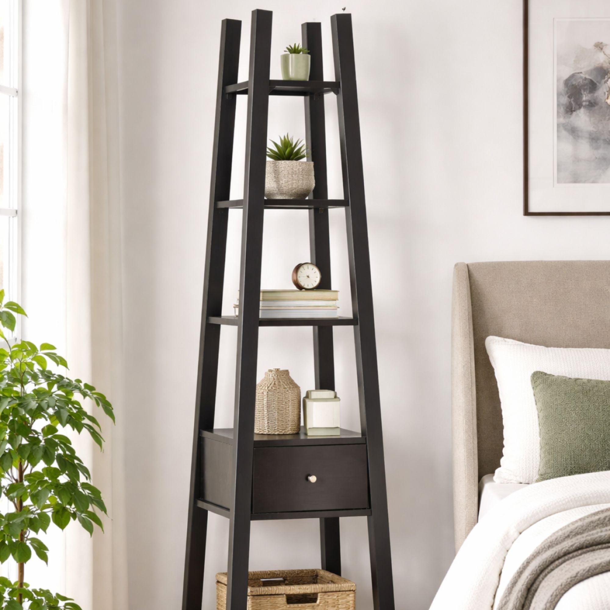 Modern Brassex ladder display bookcase with open shelves and a bottom drawer, ideal for stylish storage and organization.