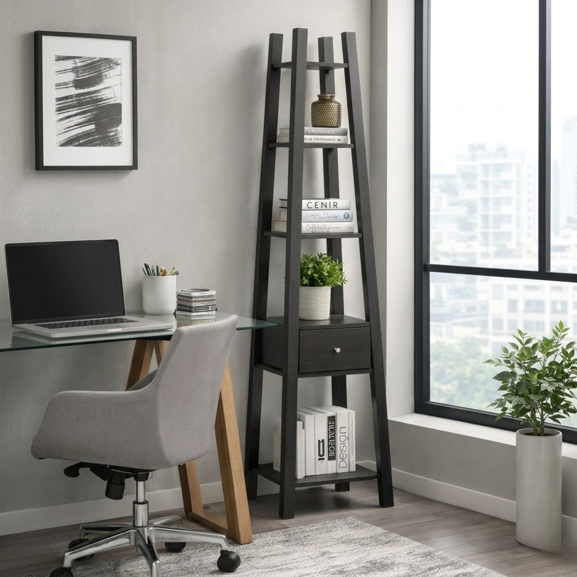 Modern Brassex ladder display bookcase with a drawer, featuring open shelves and a sleek design for stylish storage.