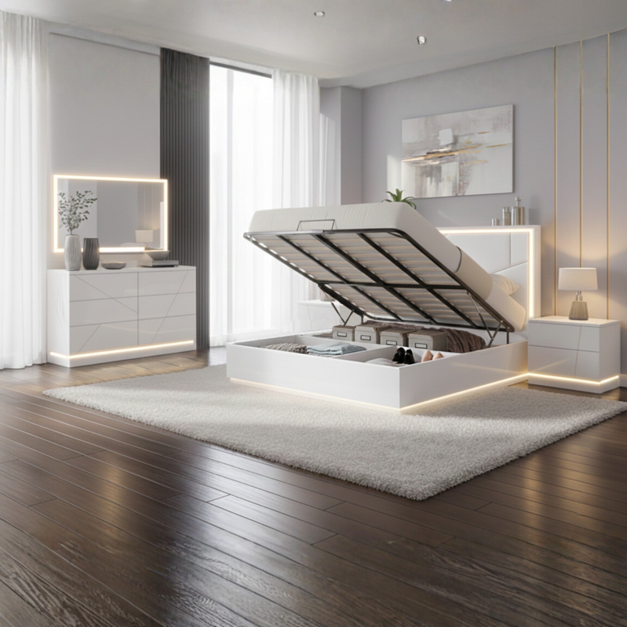 Tresoria Modern Lift-Up Storage Bedroom Set in White | CastleUp Experience Centre