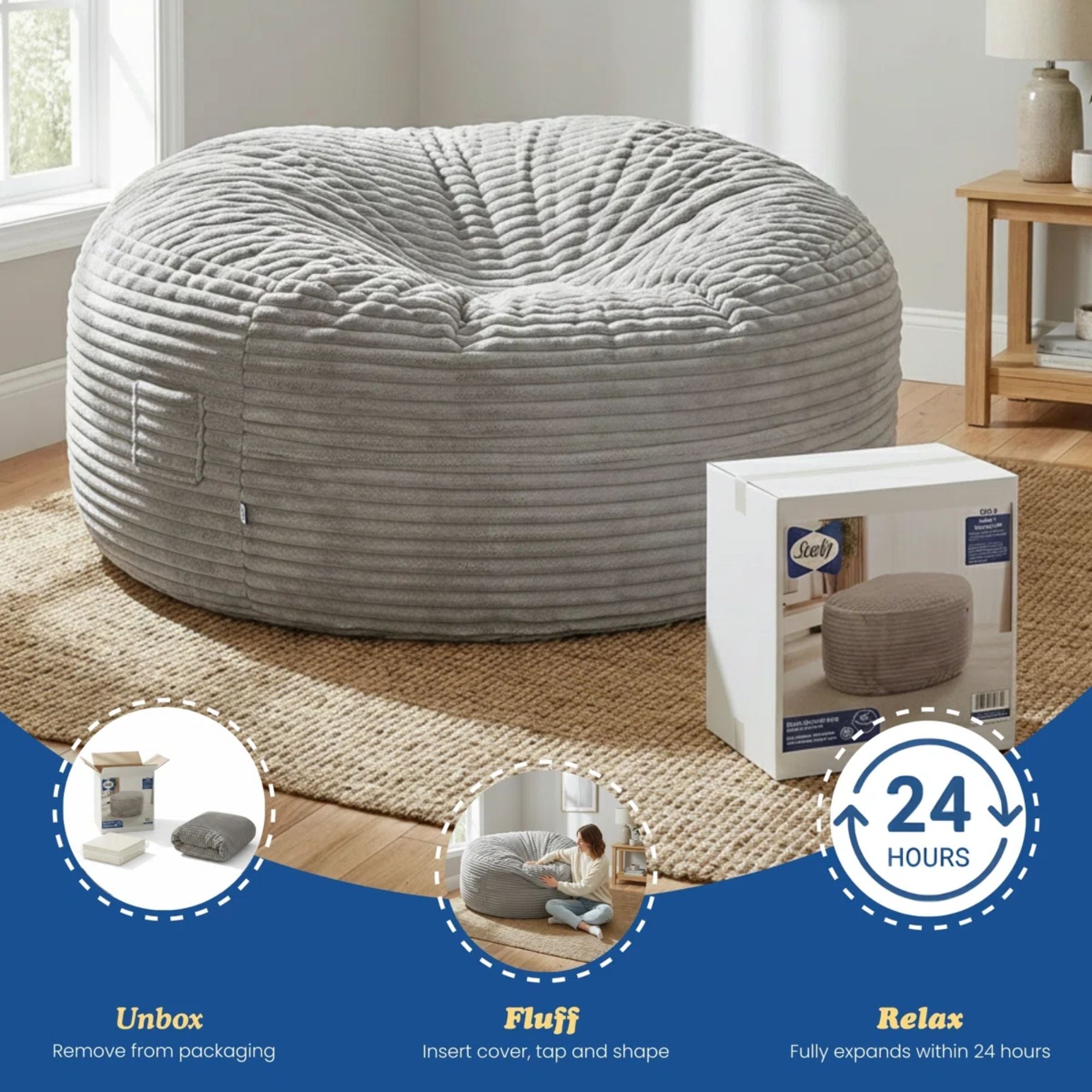 Primo Sealy Kade 6-foot grey bean bag lounger with soft fabric and plush filling, perfect for relaxing in living spaces.