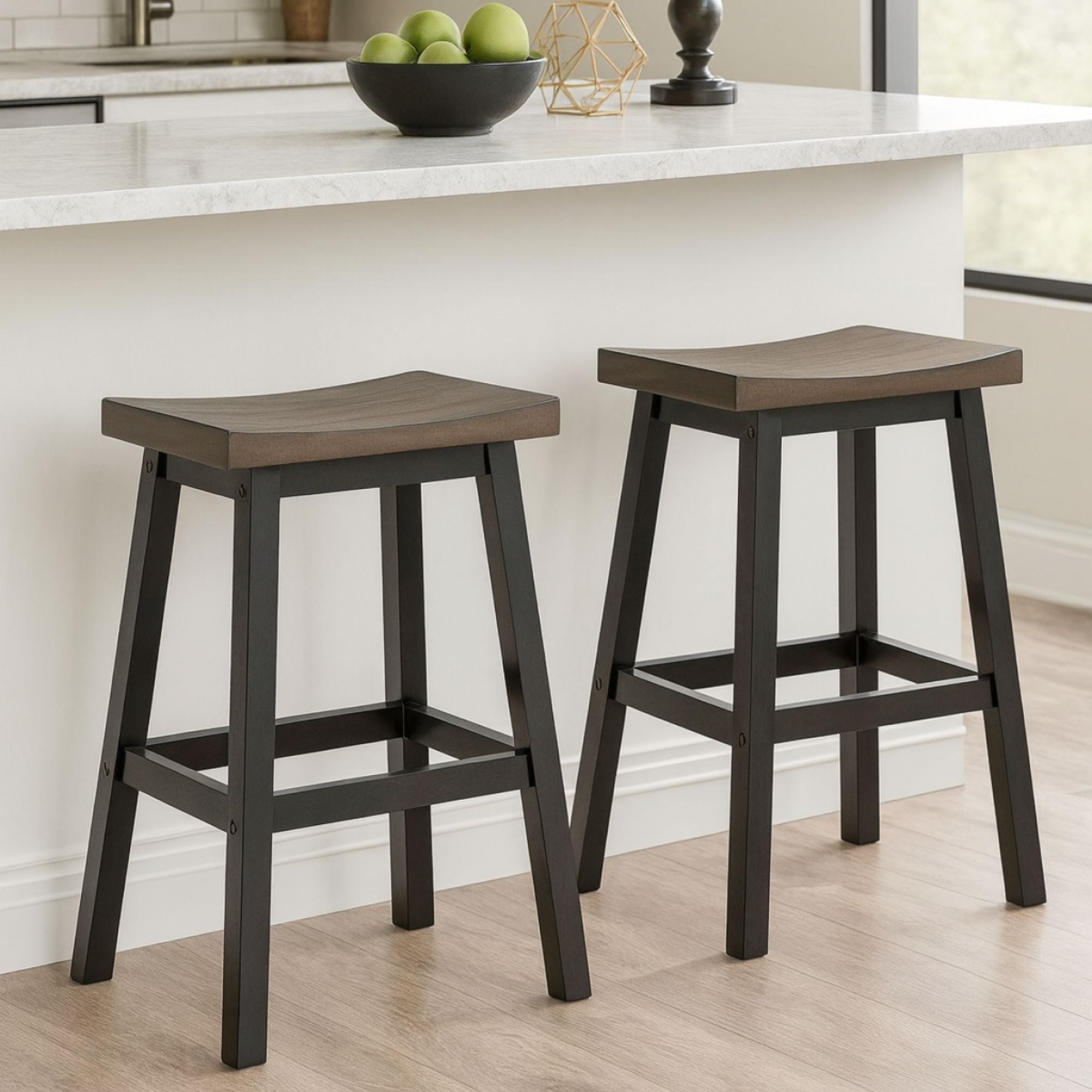 Set of two Brassex counter bar stools in oak, dark finish with grey upholstered seats, modern design for kitchen or bar area.