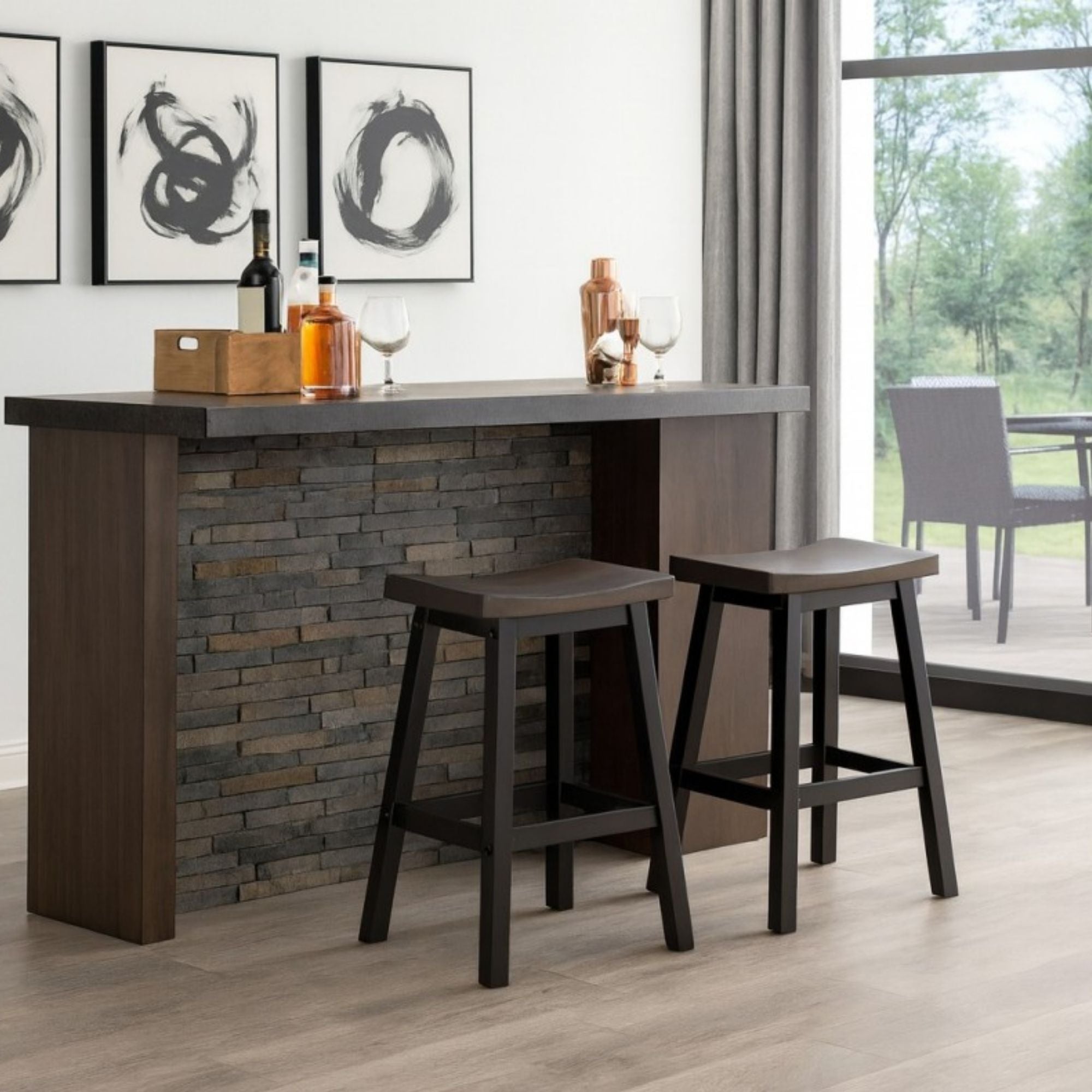 Pair of Brassex counter bar stools in oak and dark grey with modern design, featuring sturdy wooden legs and comfortable seats.