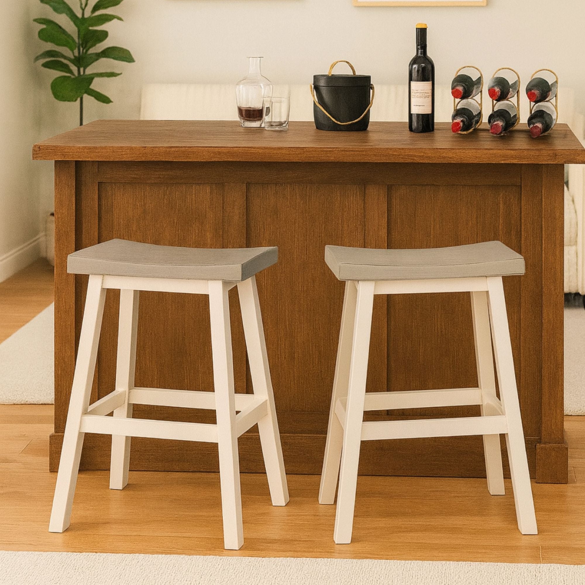 Pair of Brassex counter bar stools in grey and white, featuring modern design with cushioned seats and sleek metal legs.