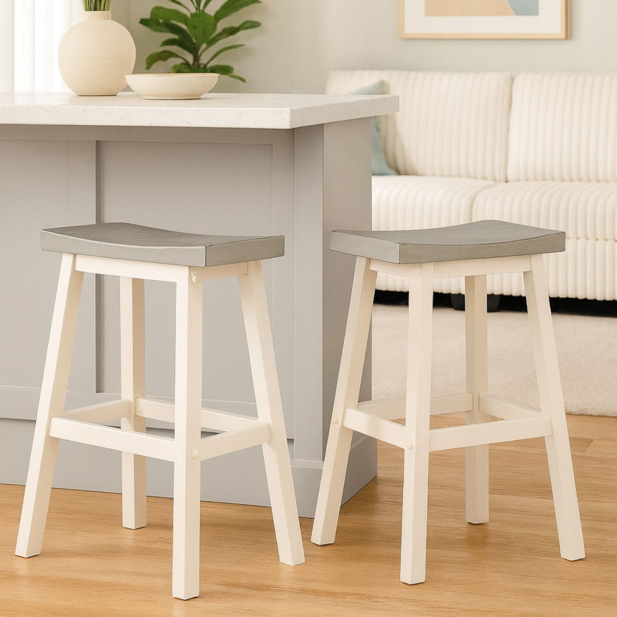Set of two Brassex counter bar stools in grey and white with modern design, featuring cushioned seats and sleek metal legs.
