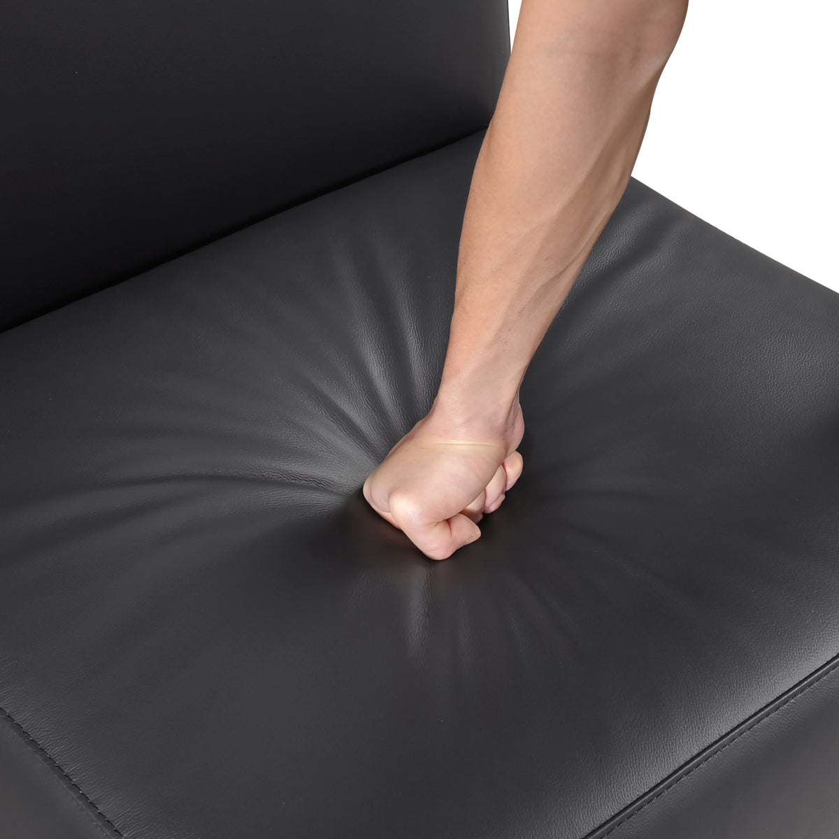 Close-up of MAZ Houghton Leather Slipper Chair in black with detailed view of smooth leather upholstery and sleek design