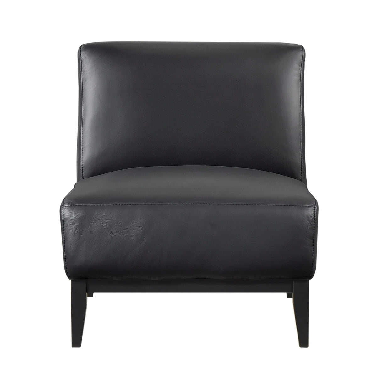 Black leather Houghton Slipper Chair by MAZ, modern accent chair with sleek design, shown from the front.