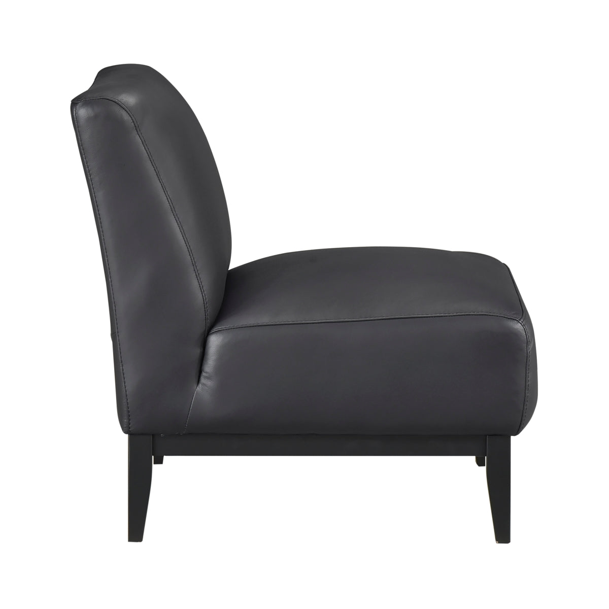 Black leather Houghton Slipper chair by MAZ, modern accent chair with sleek design, shown from side view.