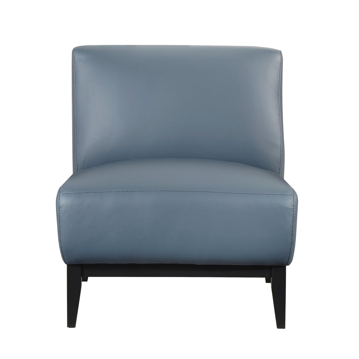 Light blue leather Houghton slipper accent chair by MAZ, showing the front view with a sleek, modern design.