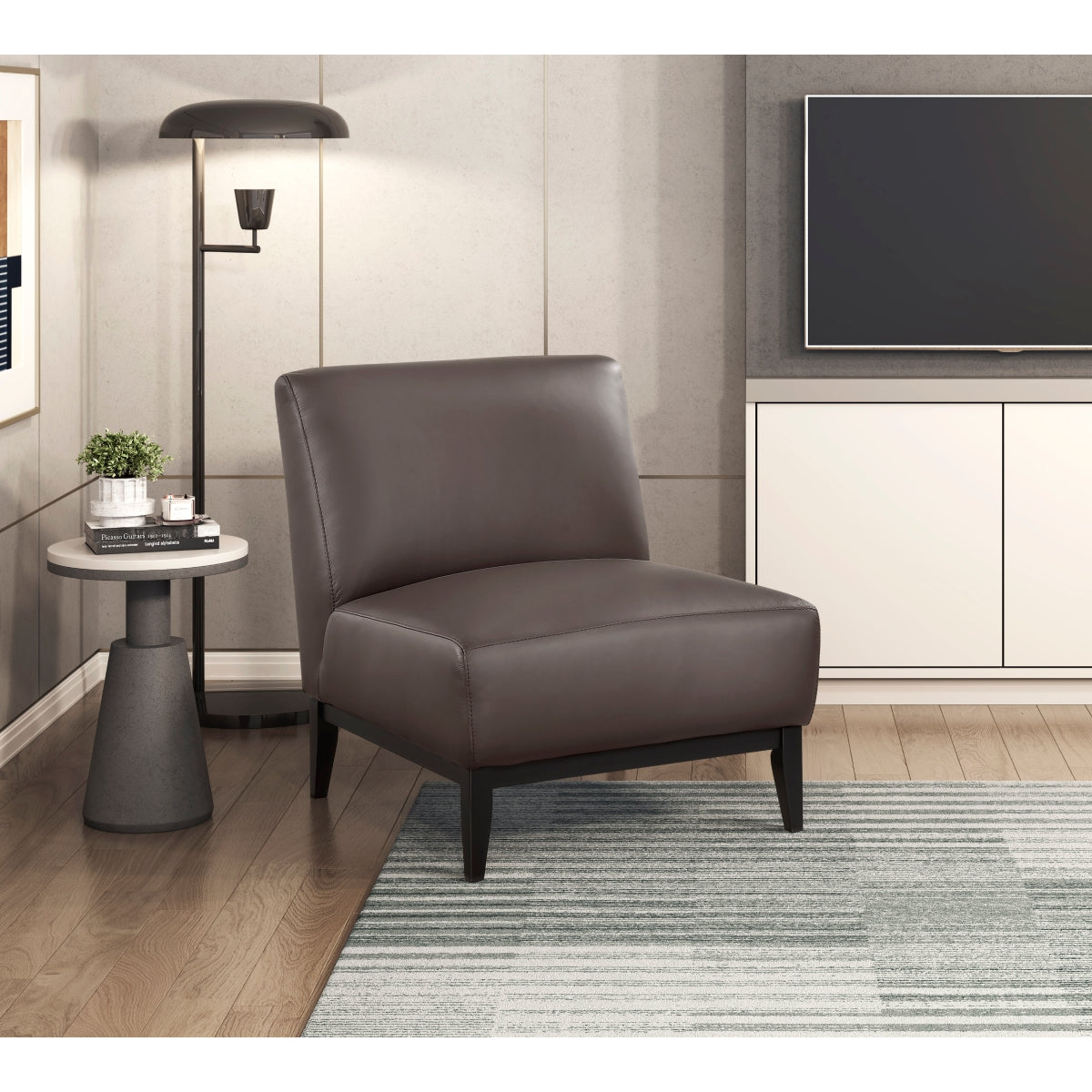 Brown Houghton leather accent slipper chair by MAZ featuring a sleek, modern design with comfortable upholstery.