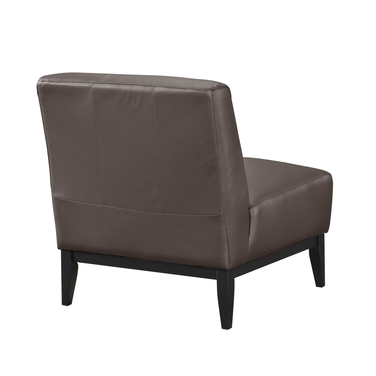Brown leather Houghton Slipper Chair by MAZ, accent chair with plush back and sleek design, shown from the back view.